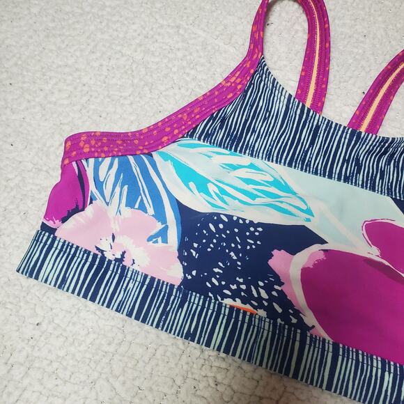 Athleta Girl Paradise Splash Bikini Swim Top Girls Size L /12 Purple Blue Floral - Picture 2 of 9